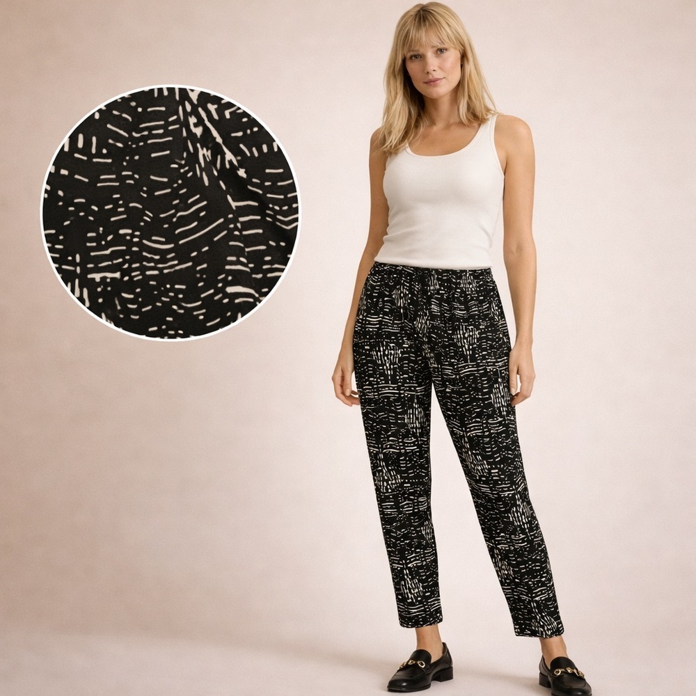 Vaci Black Abstract Print Pants Elastic Waist Chic Lightweight Size S